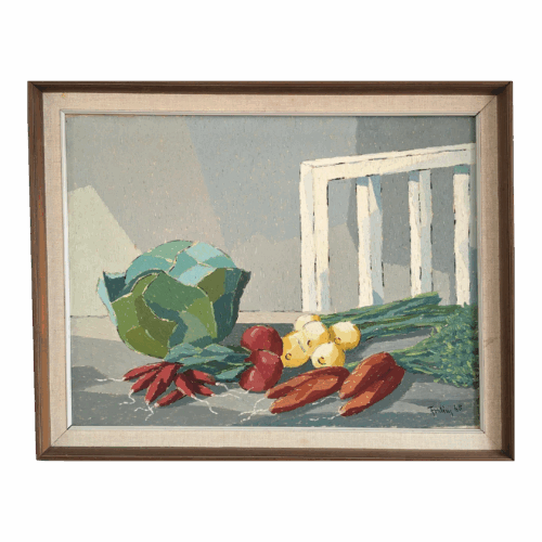 1965 Mid-Century Modern Swedish "Still Life With Vegetables" Vintage Still Life Oil Painting, Framed
