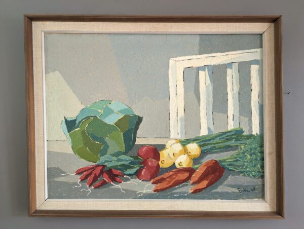 1965 Mid-Century Modern Swedish "Still Life With Vegetables" Vintage Still Life Oil Painting, Framed 1965 Mid-Century Modern Swedish "Still Life With Vegetables" Vintage Still Life Oil Painting, Framed