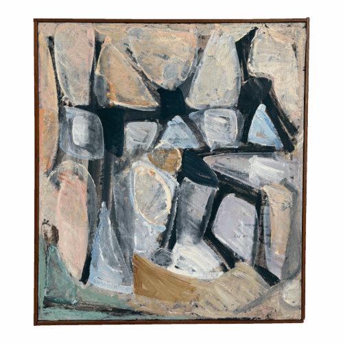 Vintage Midcentury Modern Abstract Oil Painting in Wood Frame, Pink Black and Beige